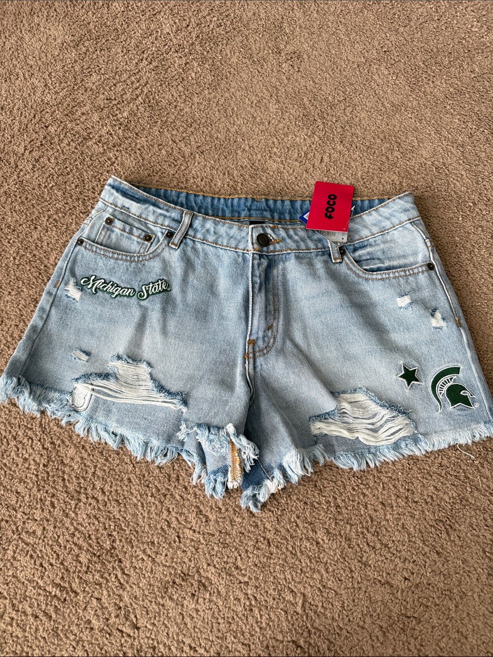 Light Wash Michigan State Embroidered Denim Cutoff Shorts